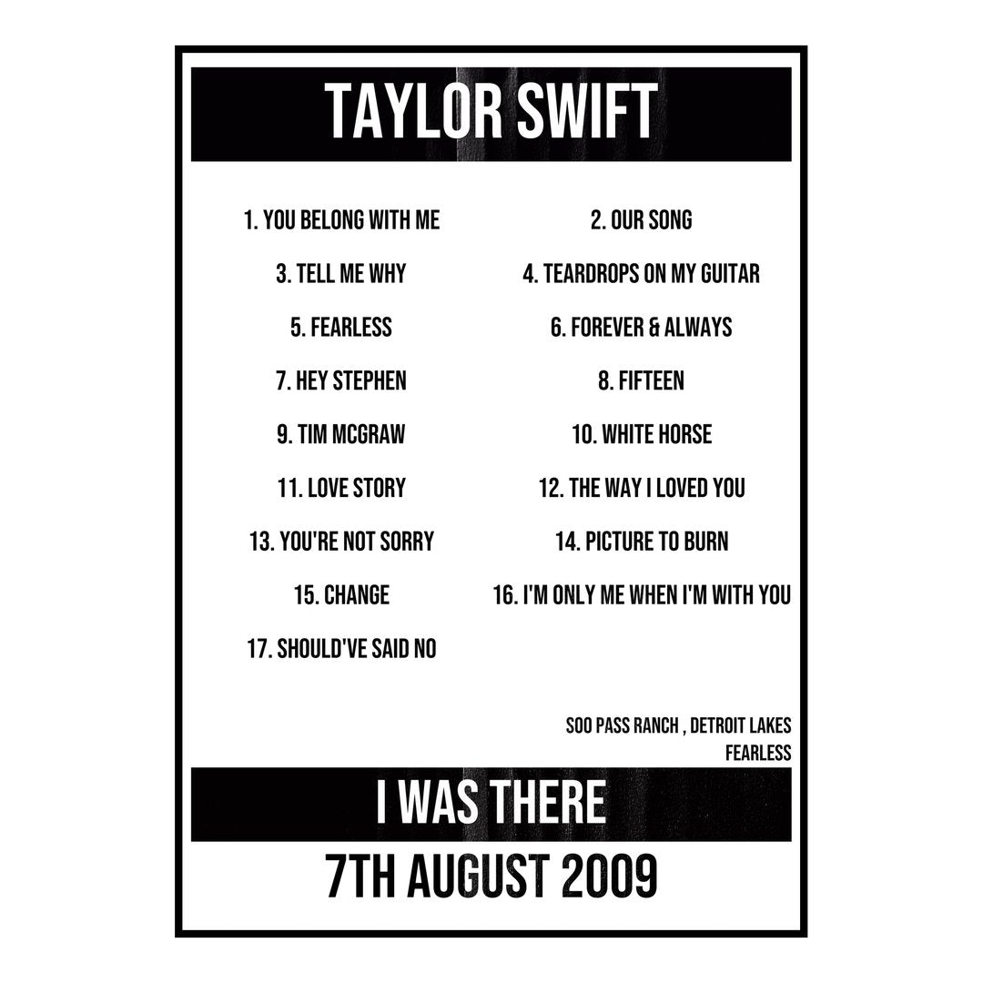 Taylor Swift Detroit Lakes 7th August 2009 Setlist poster