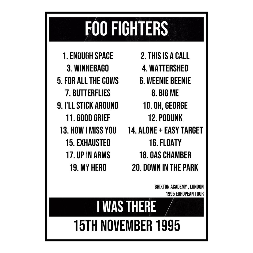 Foo Fighters London 15th November 1995 Setlist poster