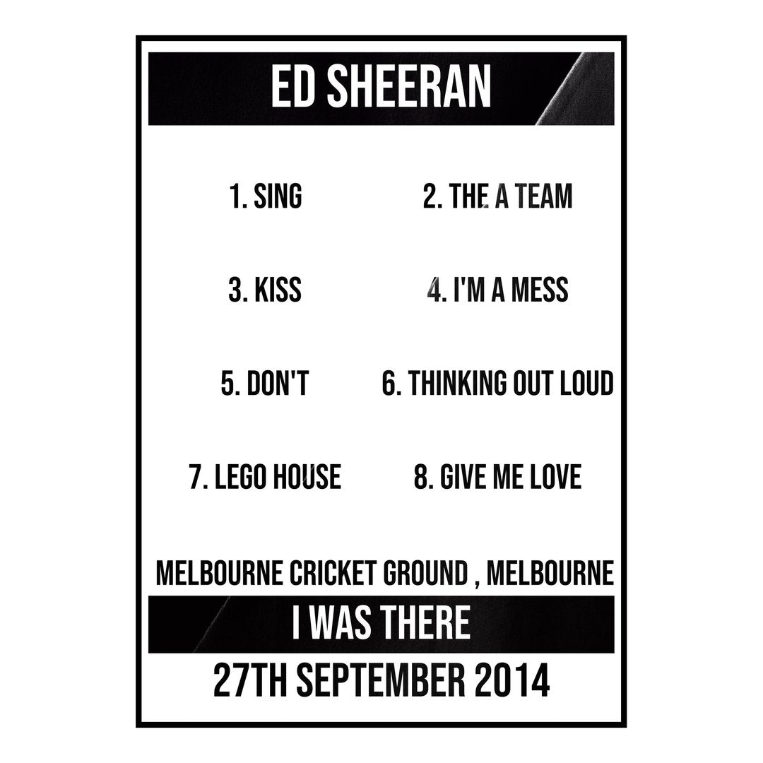 Ed Sheeran Melbourne 27th September 2014 Setlist poster