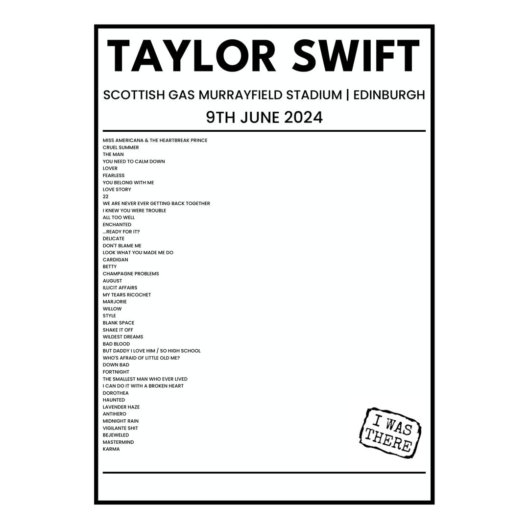 Taylor Swift Edinburgh 9th June 2024 Setlist poster