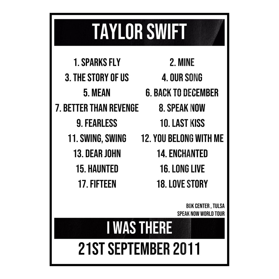 Taylor Swift Tulsa 21st September 2011 Setlist poster