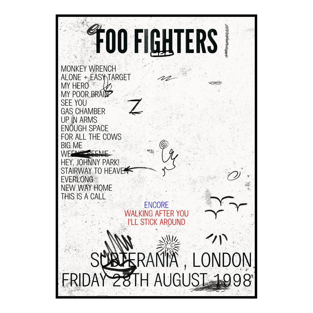 Foo Fighters London 28th August 1998 Setlist poster