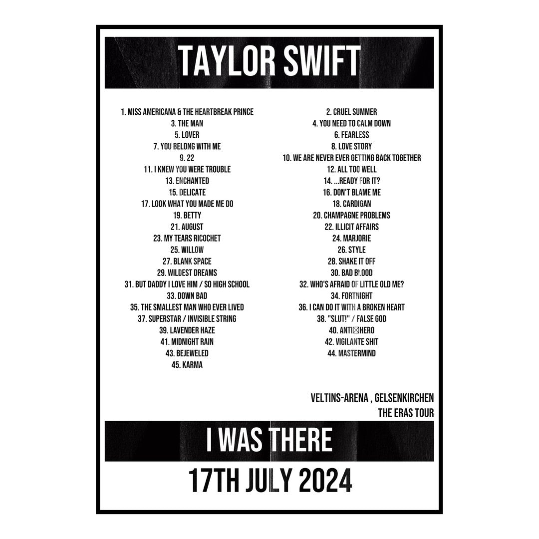 Taylor Swift Gelsenkirchen 17th July 2024 Setlist poster