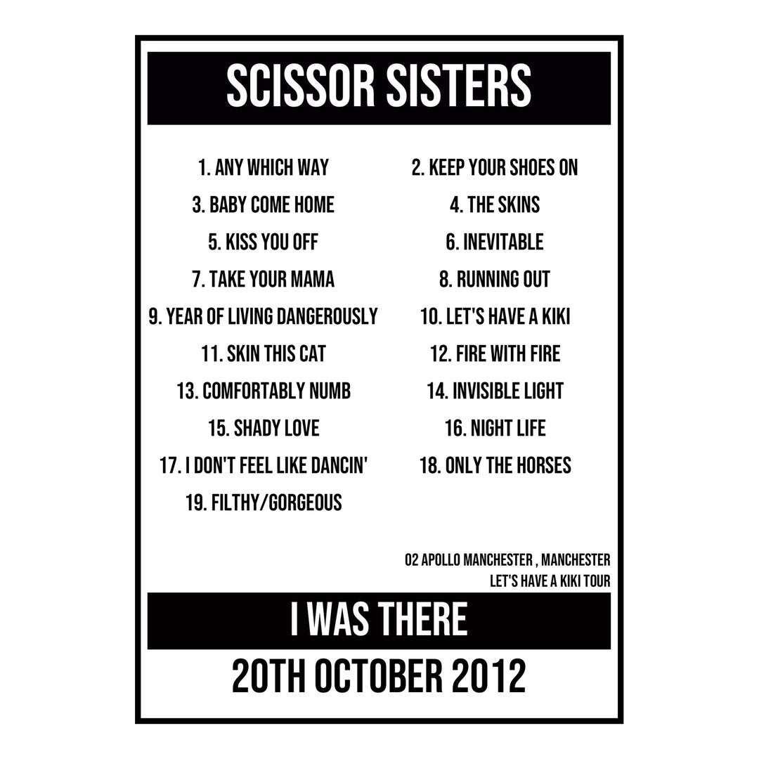 A Setlist Poster Featuring Scissor Sisters Gig from Manchester in 2012