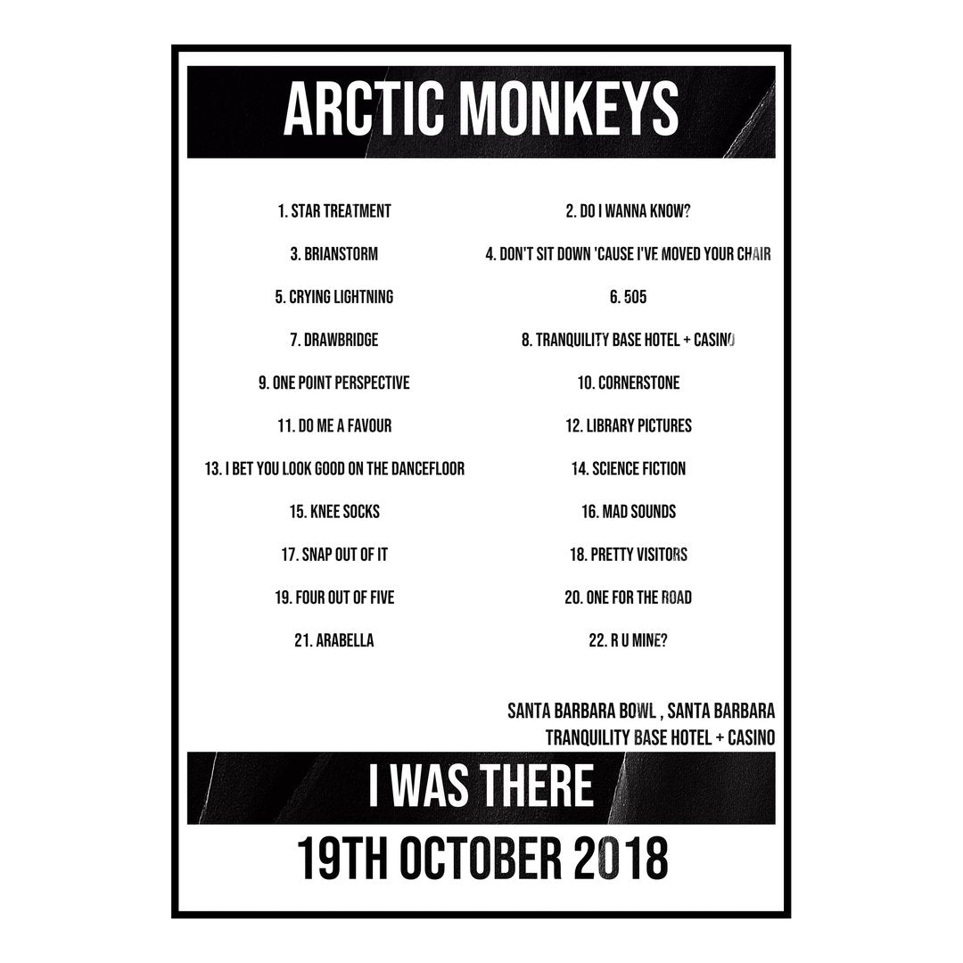Arctic Monkeys Santa Barbara 19th October 2018 Setlist poster