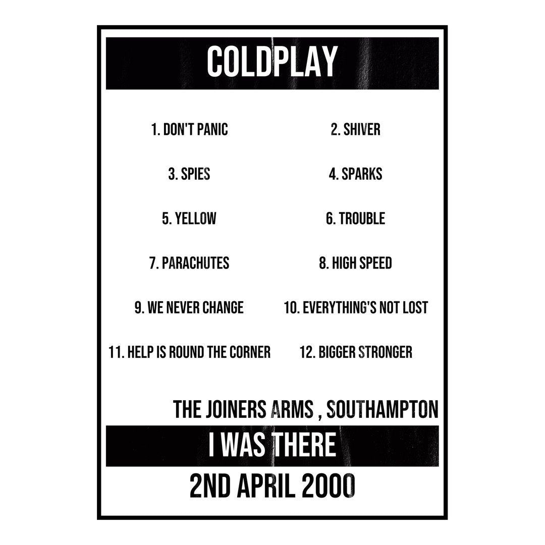 Coldplay Southampton 2nd April 2000 Setlist poster