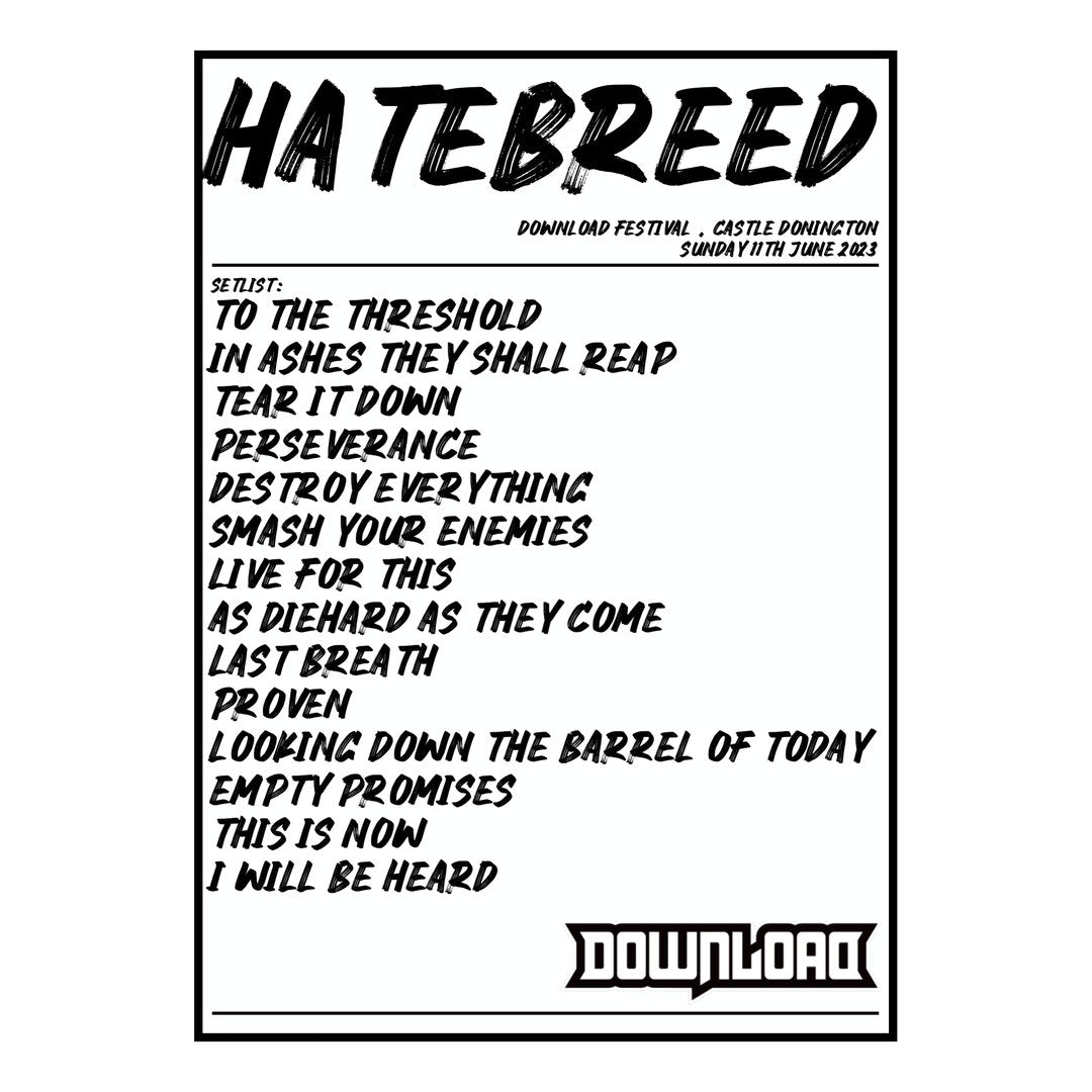 Hatebreed Castle Donington 11th June 2023 Setlist poster