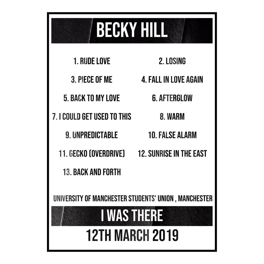 Becky Hill Manchester 12th March 2019 Setlist poster