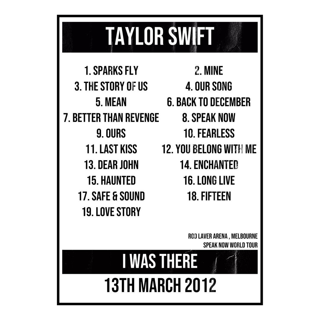 Taylor Swift Melbourne 13th March 2012 Setlist poster