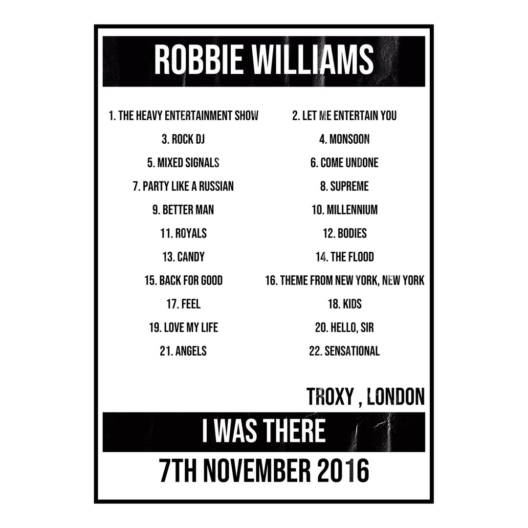 Robbie Williams London 7th November 2016 Setlist poster