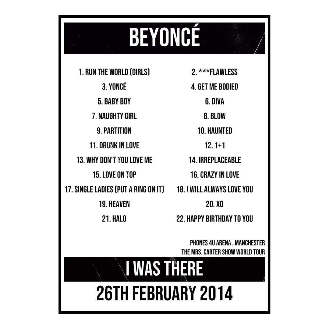 Beyoncé Manchester 26th February 2014 Setlist poster
