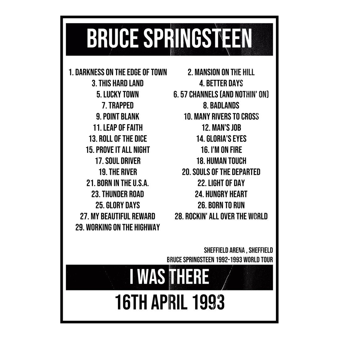 Bruce Springsteen Sheffield 16th April 1993 Setlist poster