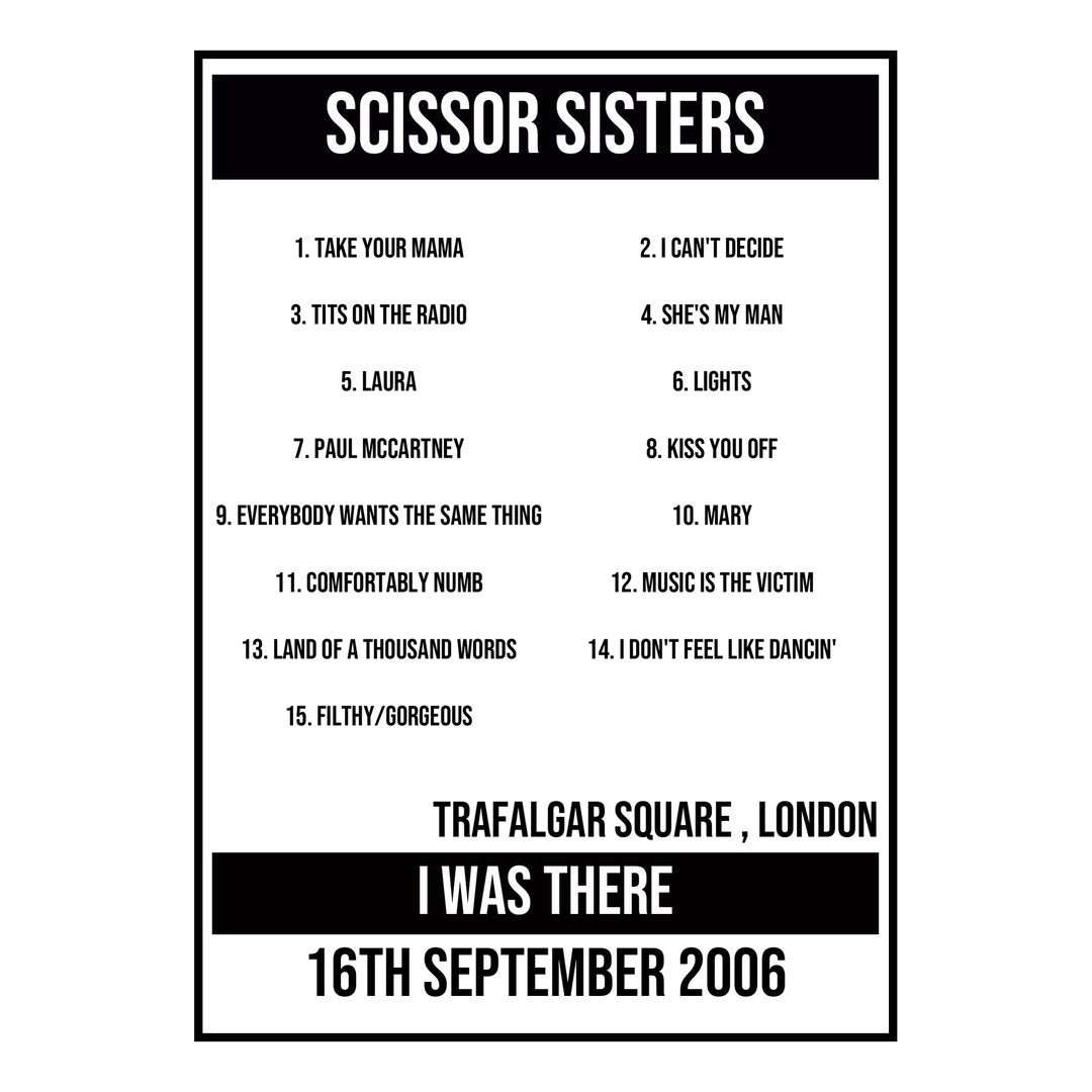 A Setlist Poster Featuring Scissor Sisters Gig from London in 2006