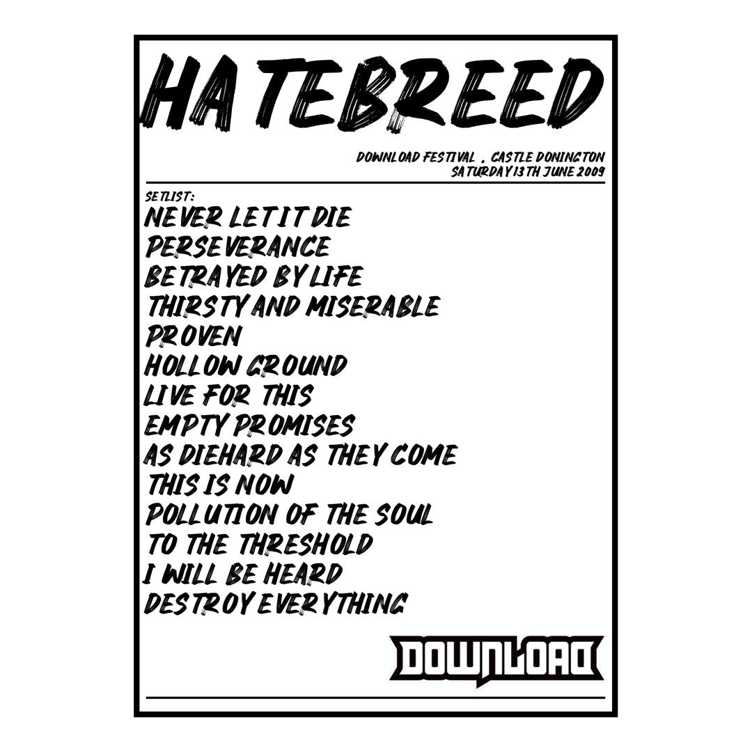 Hatebreed Castle Donington 13th June 2009 Setlist poster