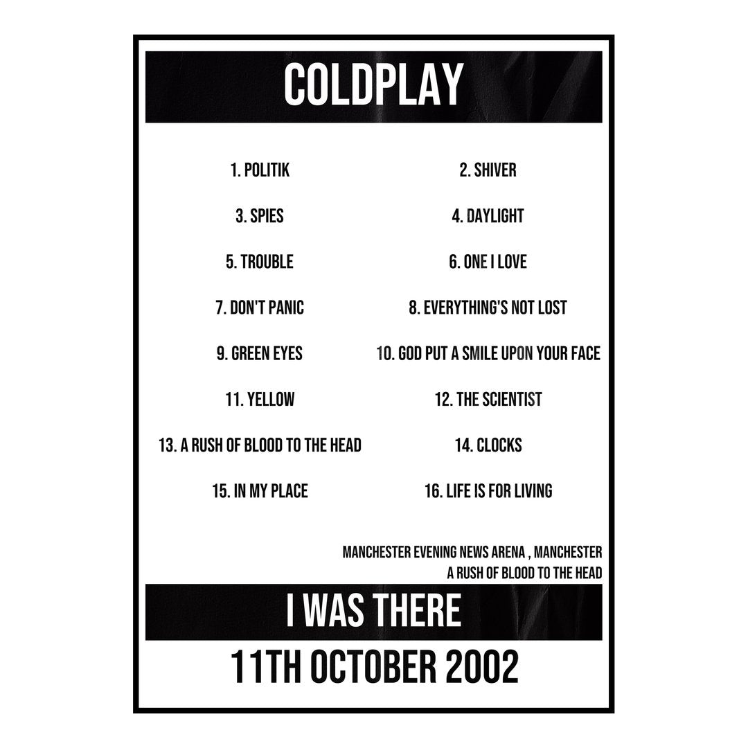 Coldplay Manchester 11th October 2002 Setlist poster