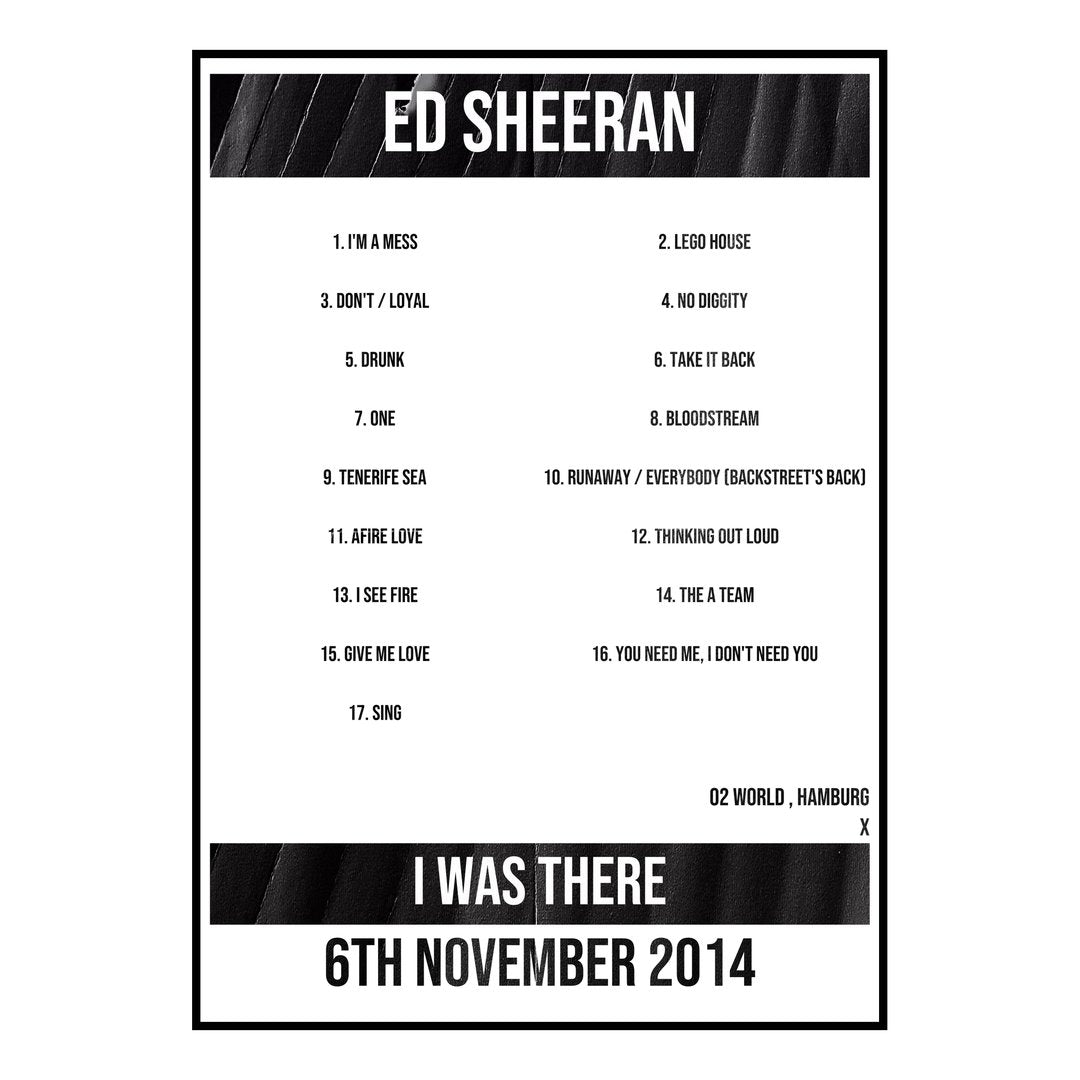 Ed Sheeran Hamburg 6th November 2014 Setlist poster