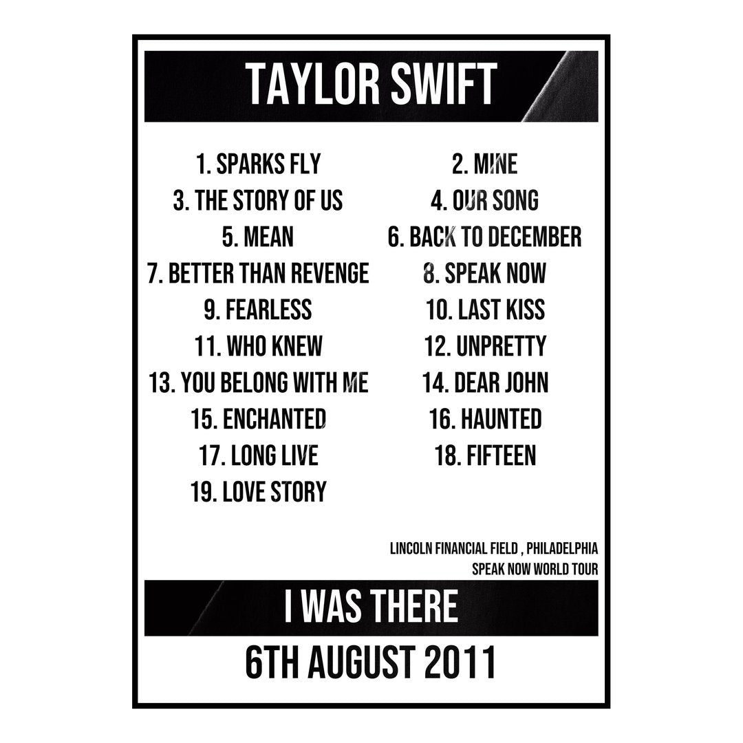 Taylor Swift Philadelphia 6th August 2011 Setlist poster