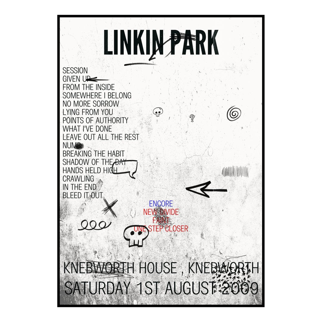 Linkin Park Knebworth 1st August 2009 Setlist poster