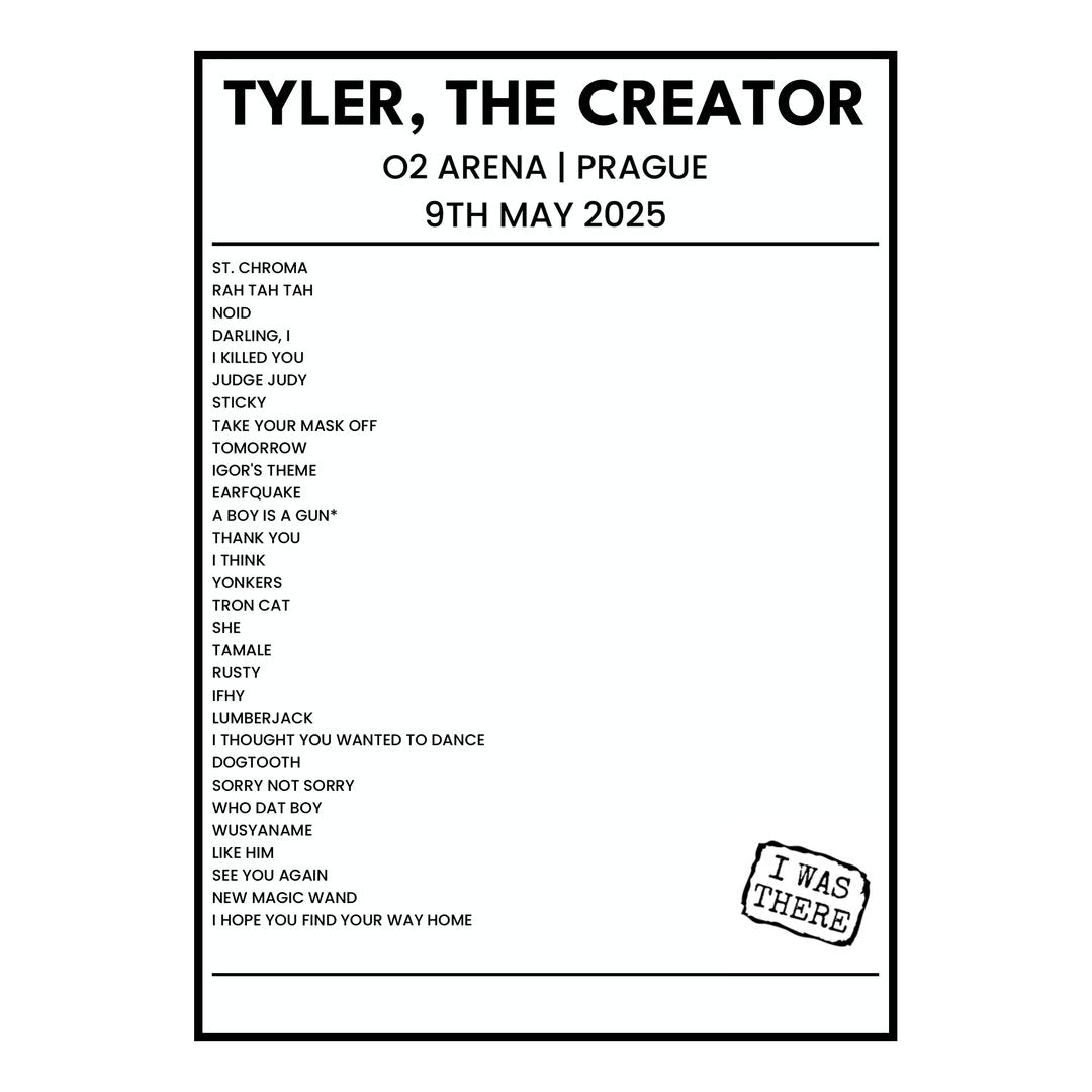Tyler, The Creator Prague 9th May 2025 Setlist poster