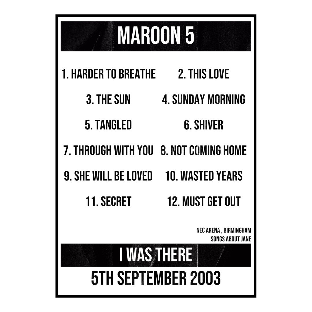 Maroon 5 Birmingham 5th September 2003 Setlist poster