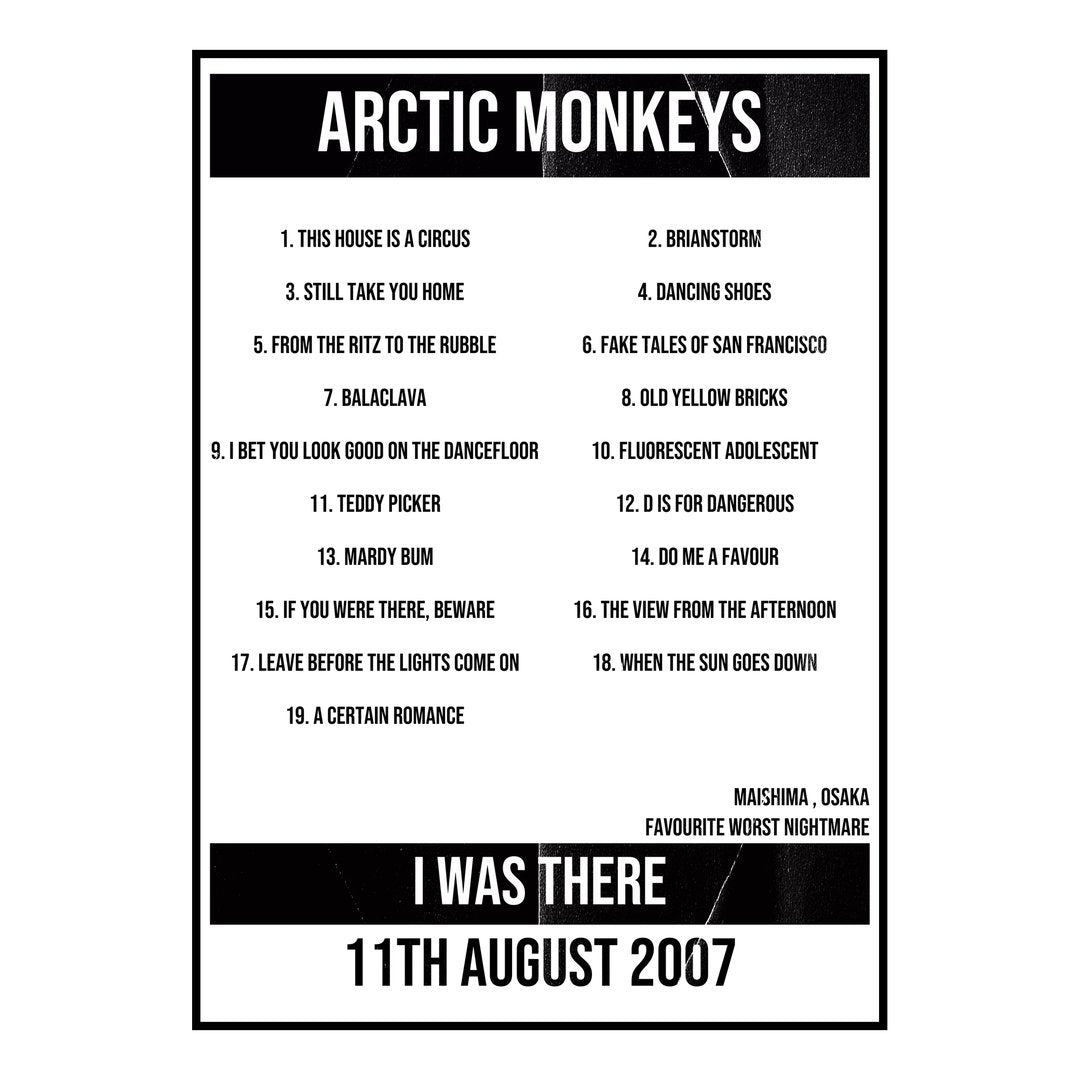 Arctic Monkeys Osaka 11th August 2007 Setlist poster