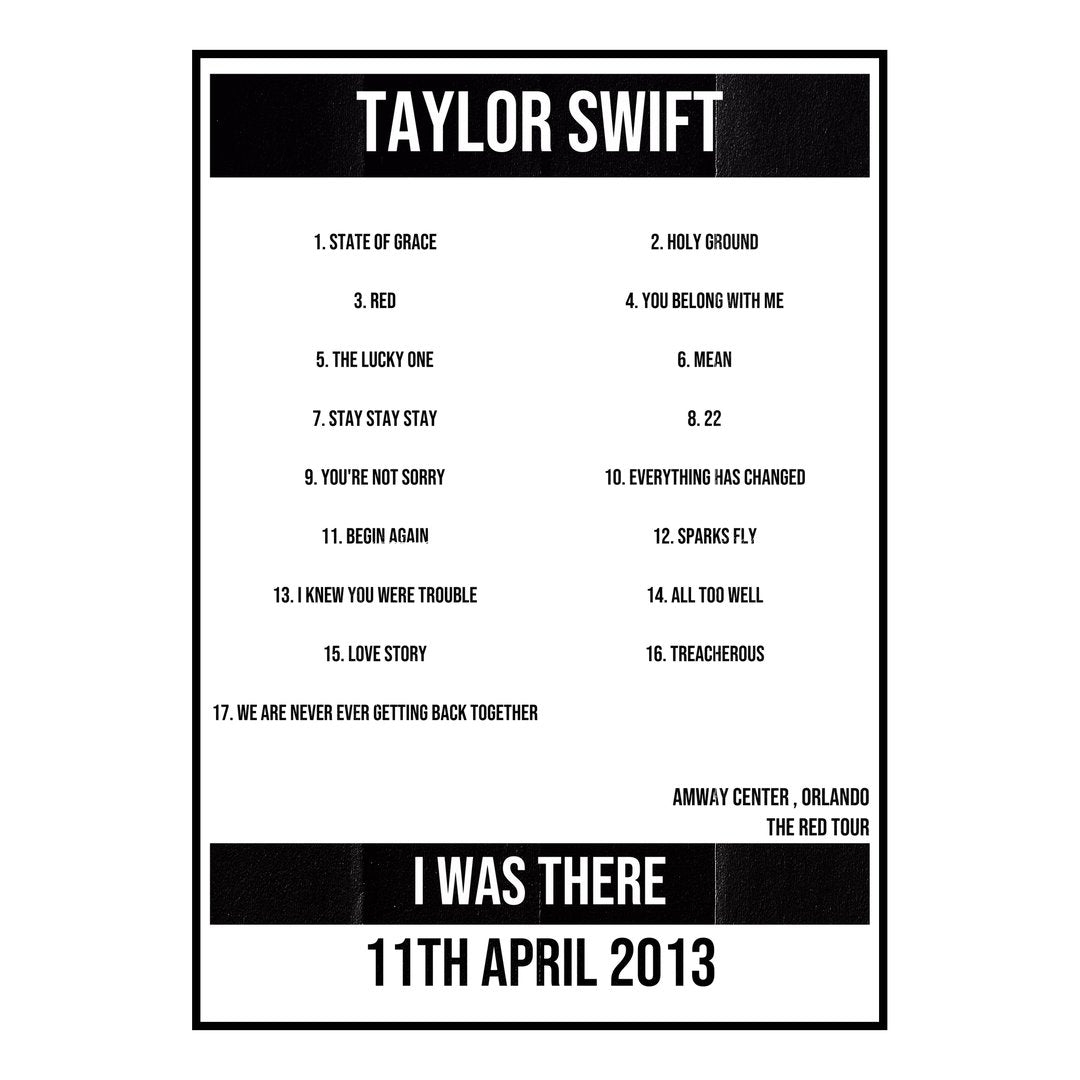 Taylor Swift Orlando 11th April 2013 Setlist poster