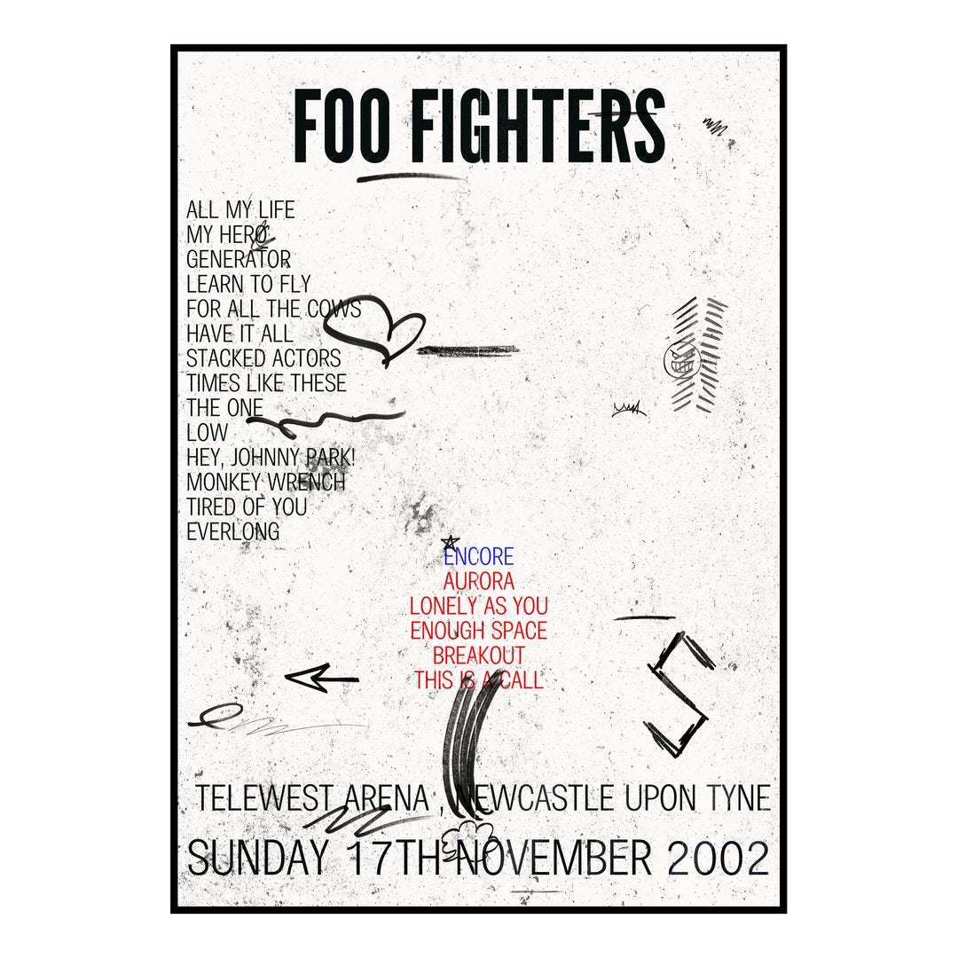 Foo Fighters Newcastle upon Tyne 17th November 2002 Setlist poster