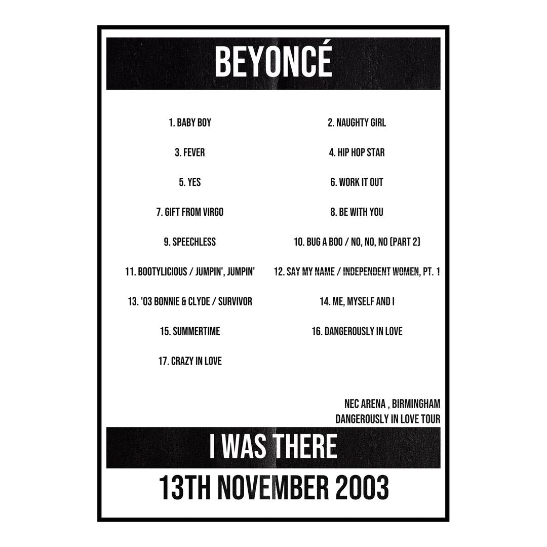 Beyoncé Birmingham 13th November 2003 Setlist poster