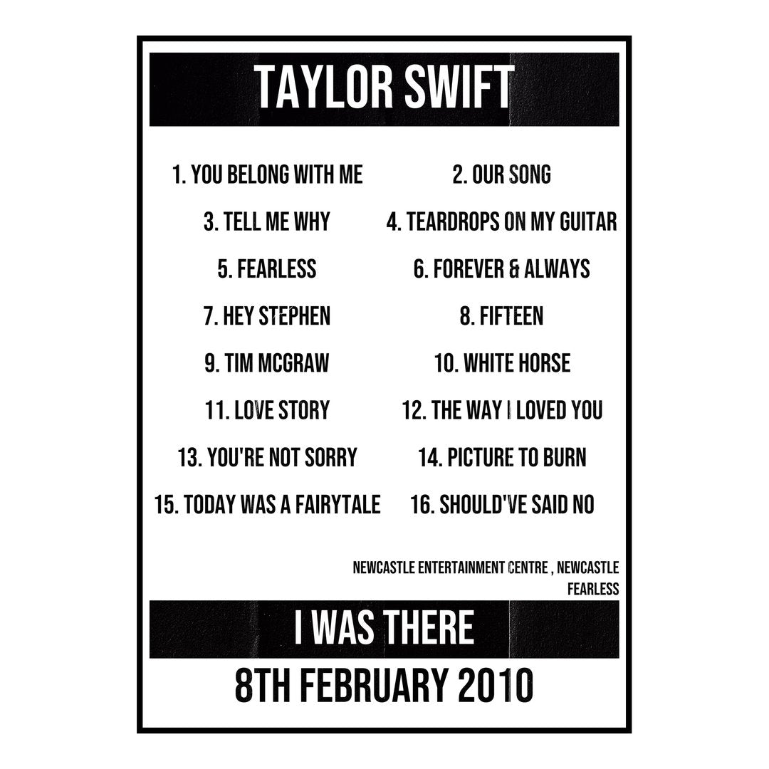 Taylor Swift Newcastle 8th February 2010 Setlist poster