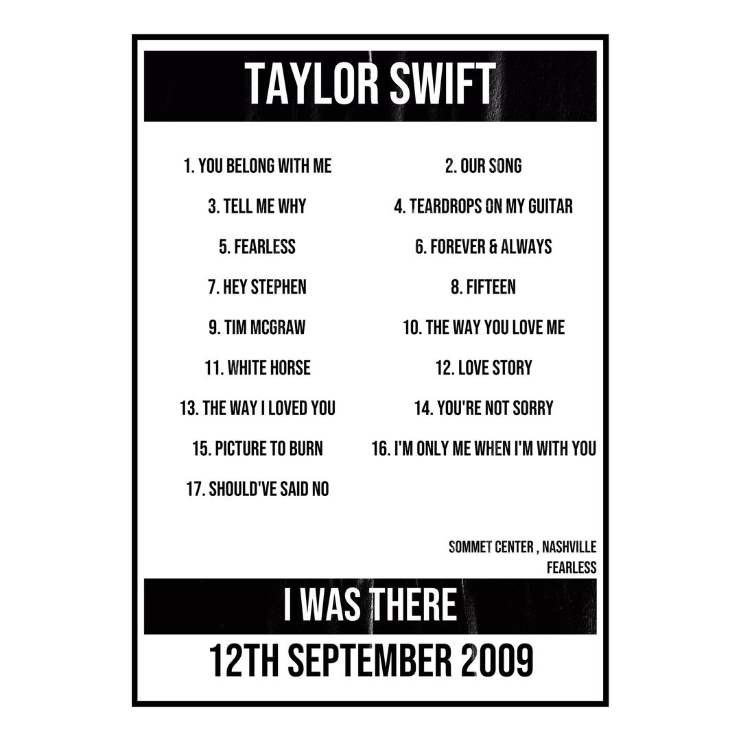Taylor Swift Nashville 12th September 2009 Setlist poster