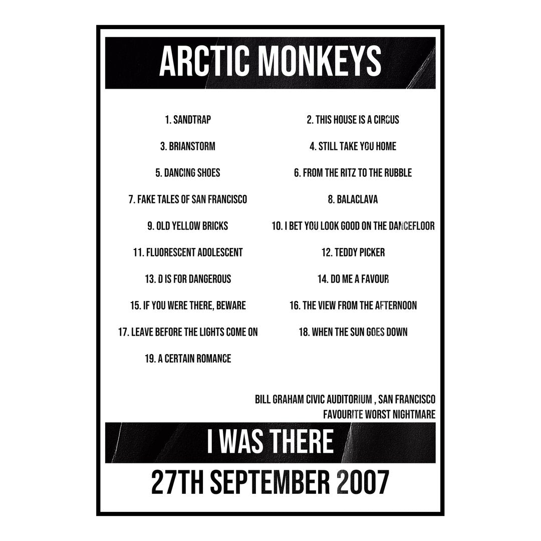 Arctic Monkeys San Francisco 27th September 2007 Setlist poster