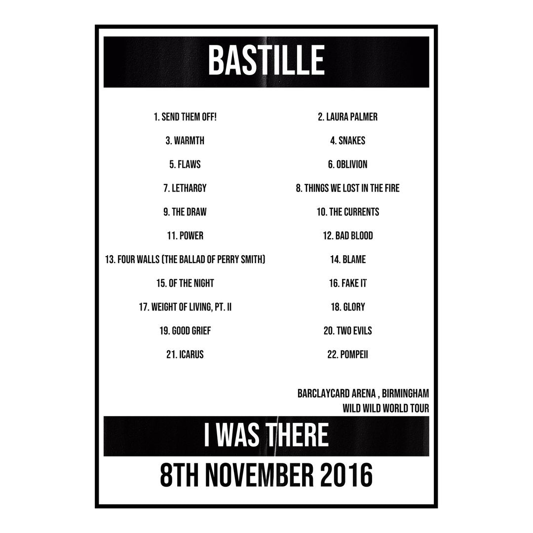 Bastille Birmingham 8th November 2016 Setlist poster