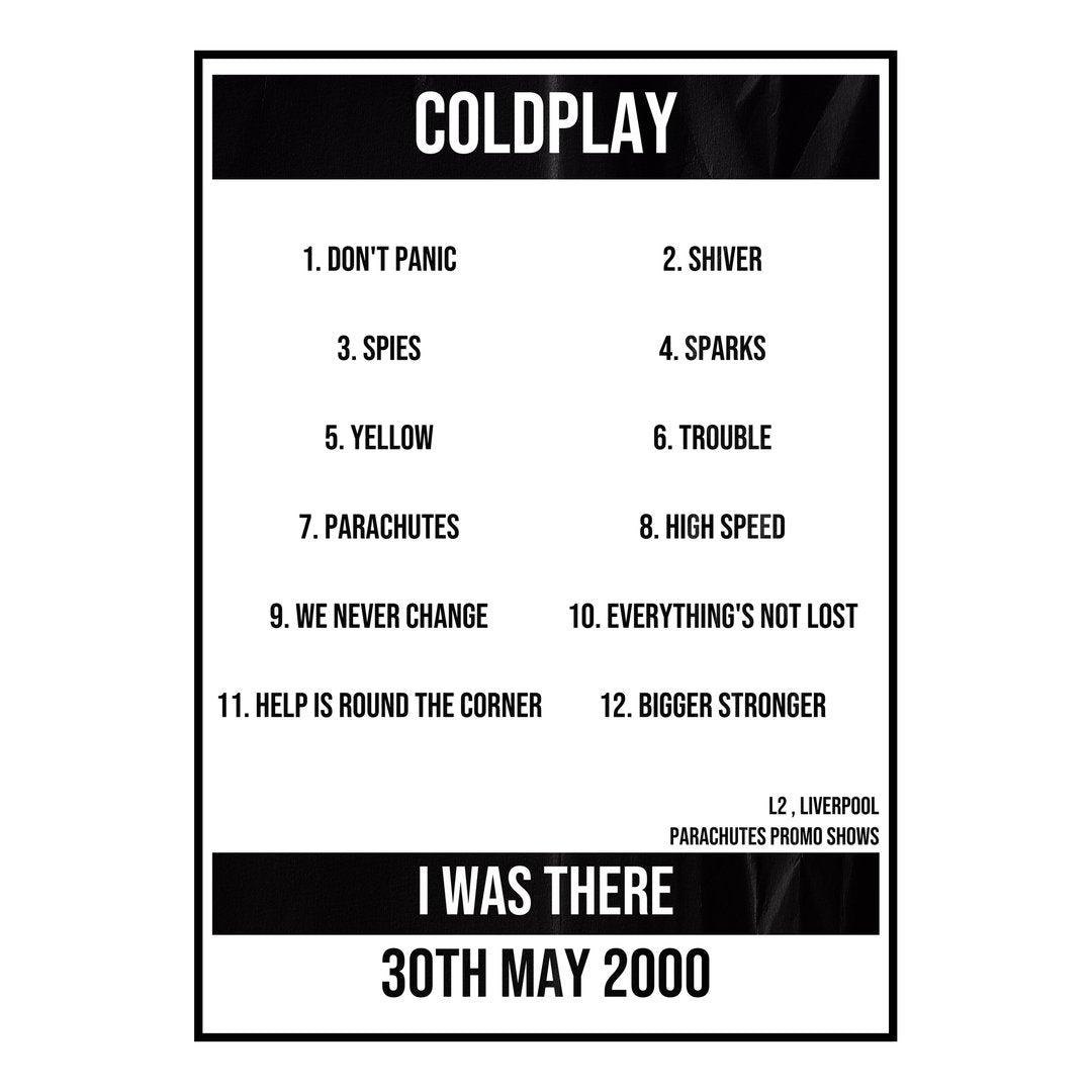 Coldplay Liverpool 30th May 2000 Setlist poster