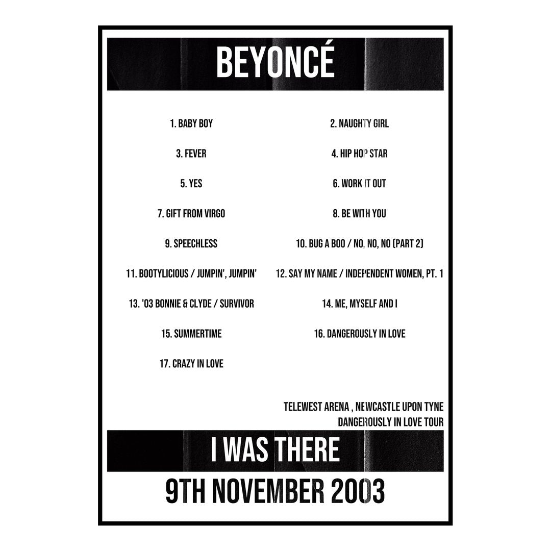 Beyoncé Newcastle upon Tyne 9th November 2003 Setlist poster