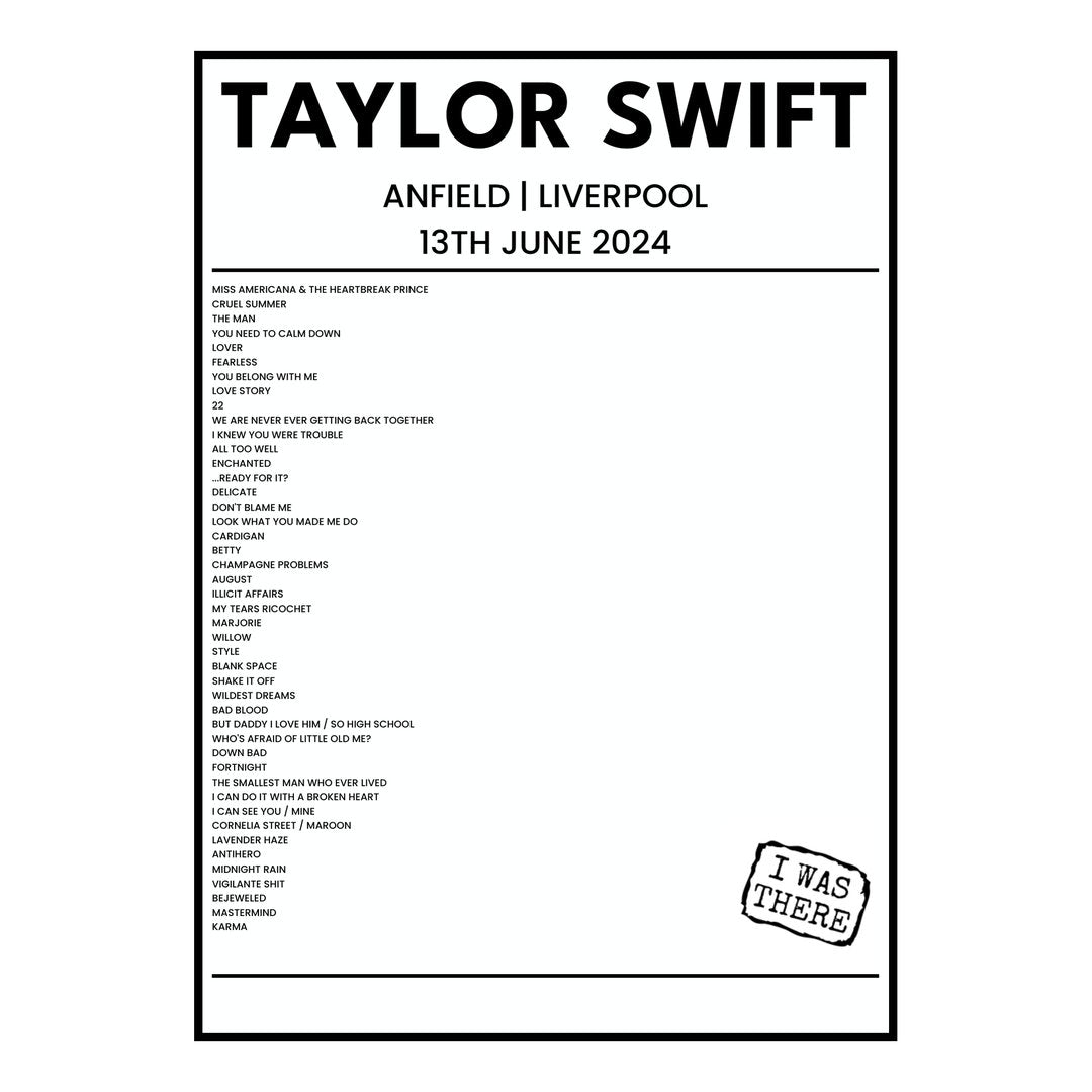Taylor Swift Liverpool 13th June 2024 Setlist poster