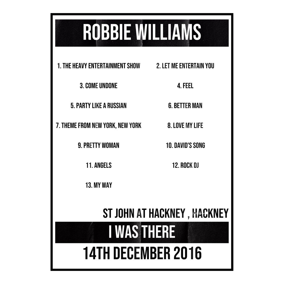 Robbie Williams Hackney 14th December 2016 Setlist poster