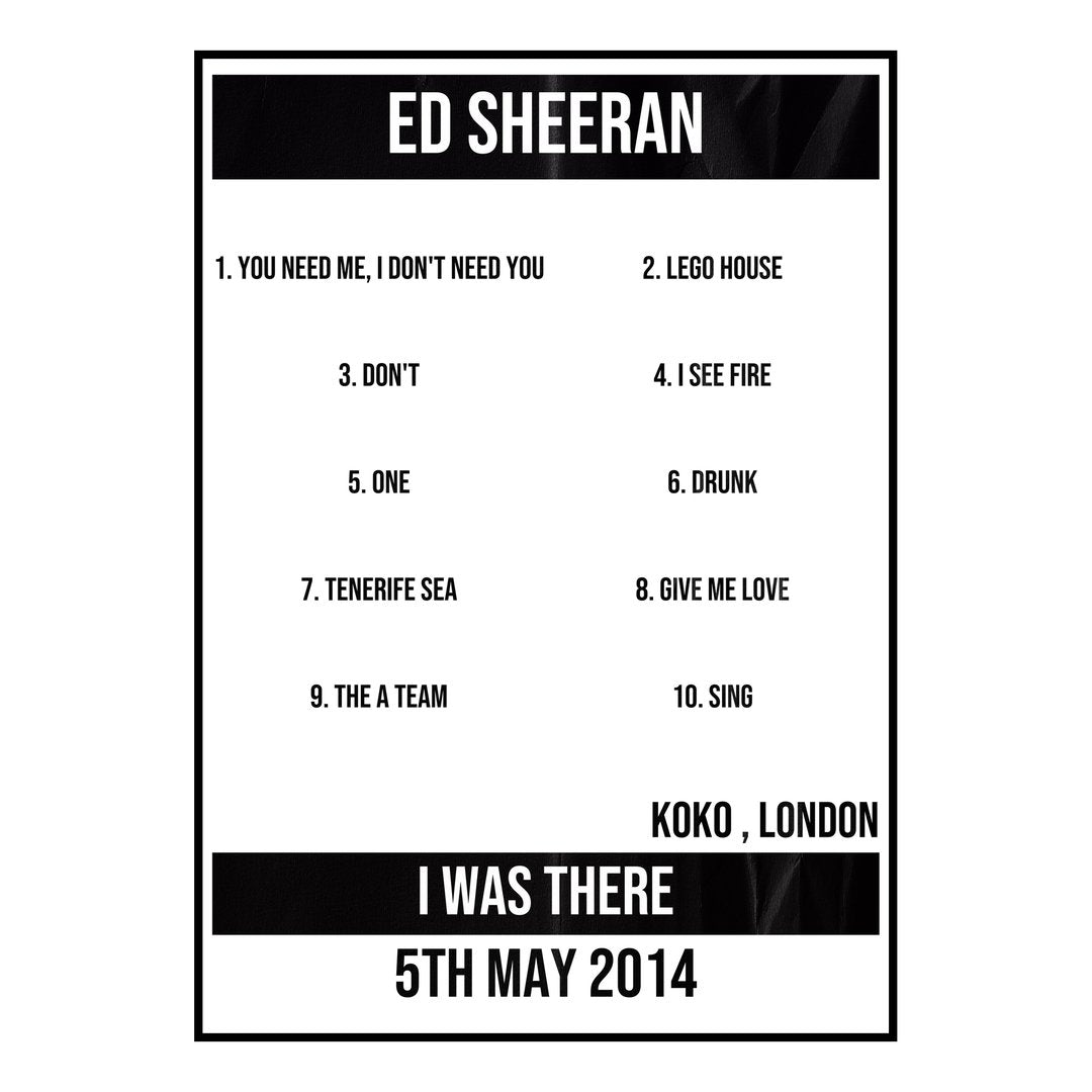 Ed Sheeran London 5th May 2014 Setlist poster