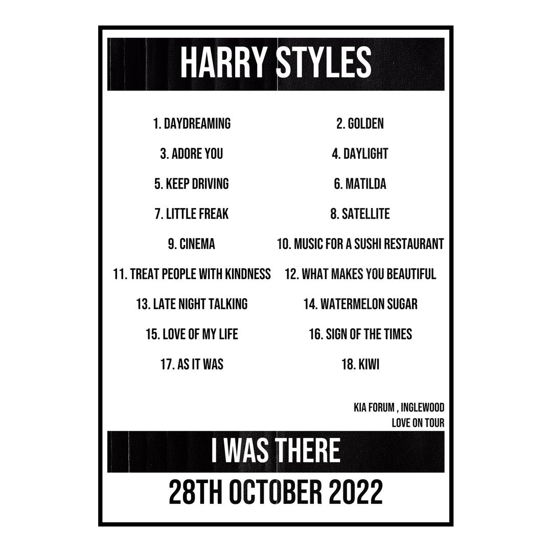 Harry Styles Inglewood 28th October 2022 Setlist poster