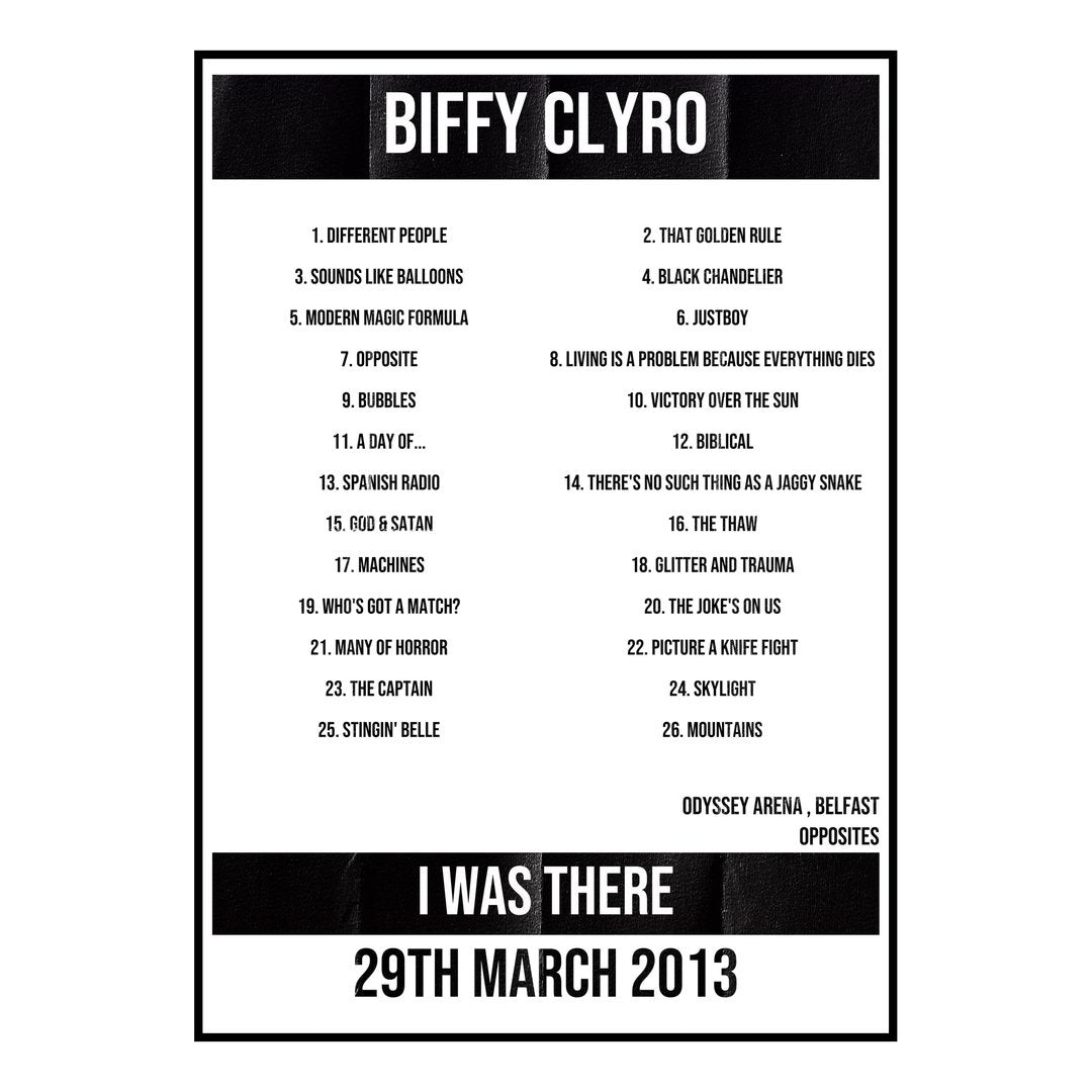 Biffy Clyro Belfast 29th March 2013 Setlist poster