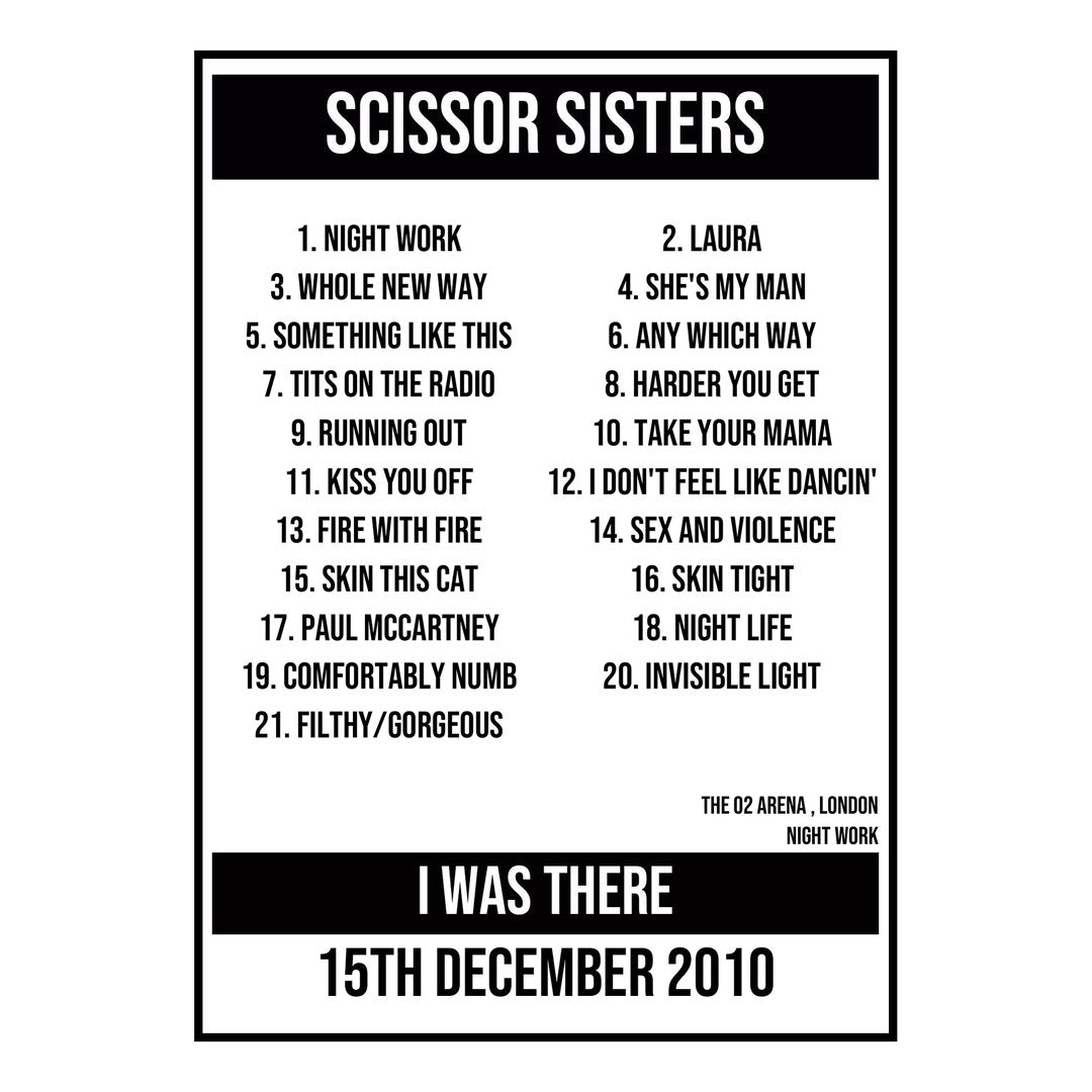 A Setlist Poster Featuring Scissor Sisters Gig from London in 2010