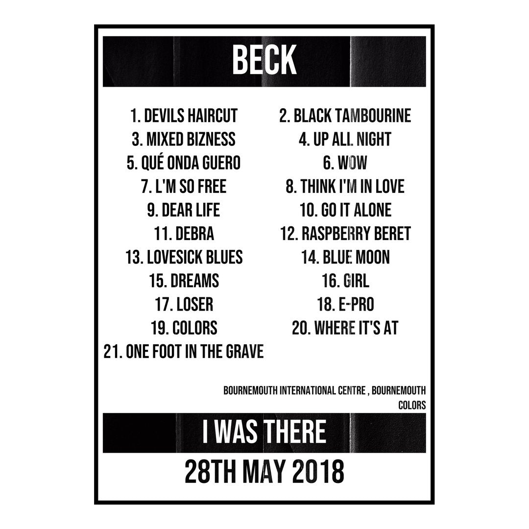 Beck Bournemouth 28th May 2018 Setlist poster