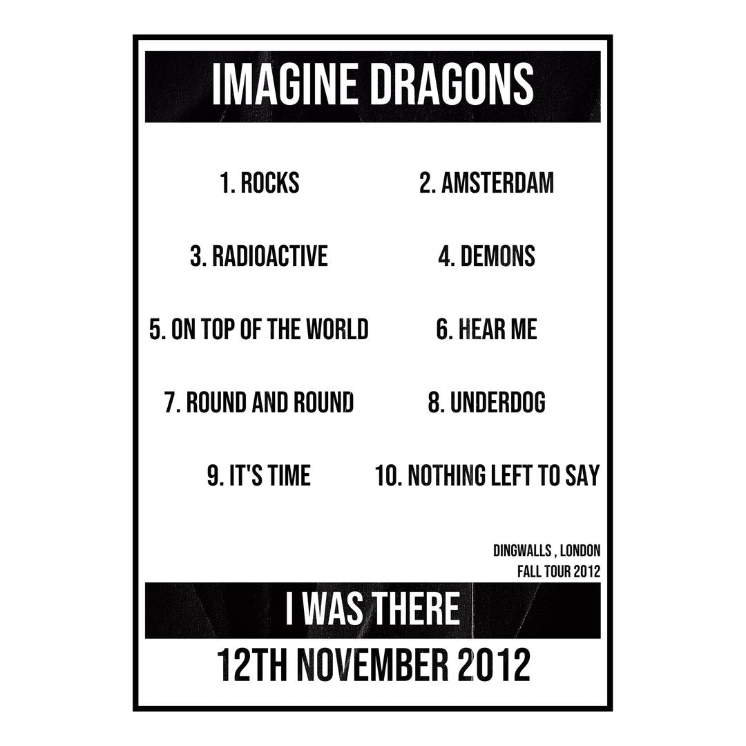 Imagine Dragons London 12th November 2012 Setlist poster