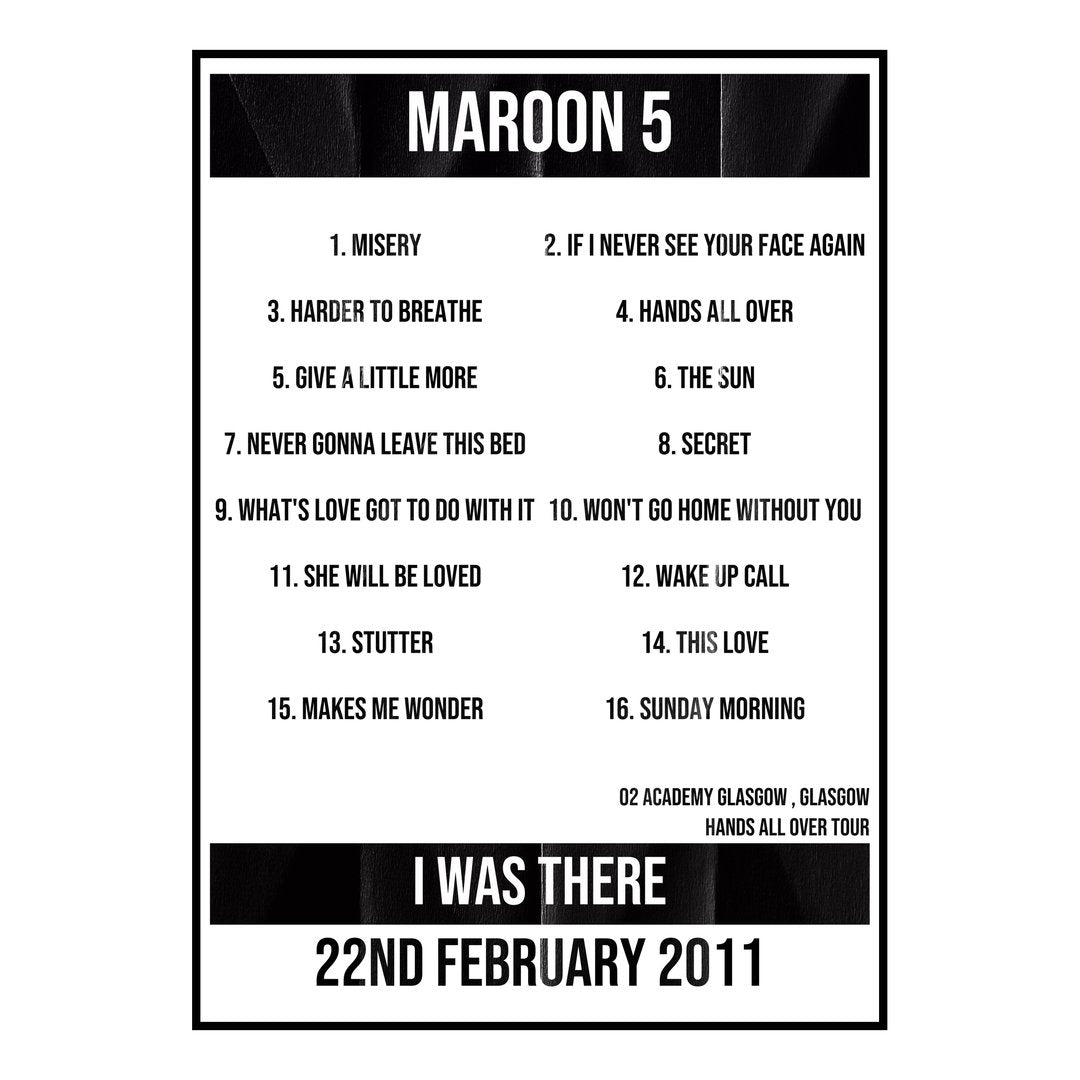 Maroon 5 Glasgow 22nd February 2011 Setlist poster