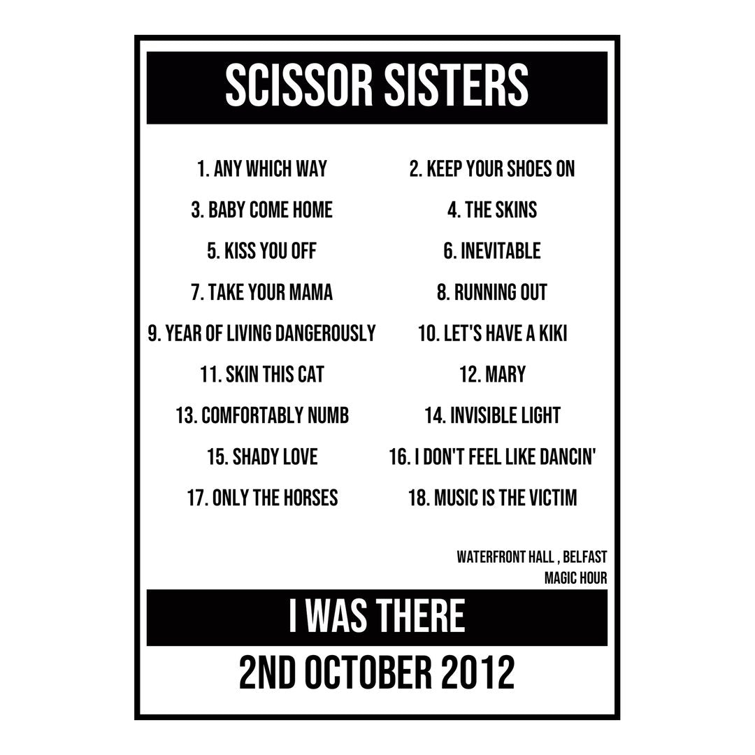 A Setlist Poster Featuring Scissor Sisters Gig from Belfast in 2012