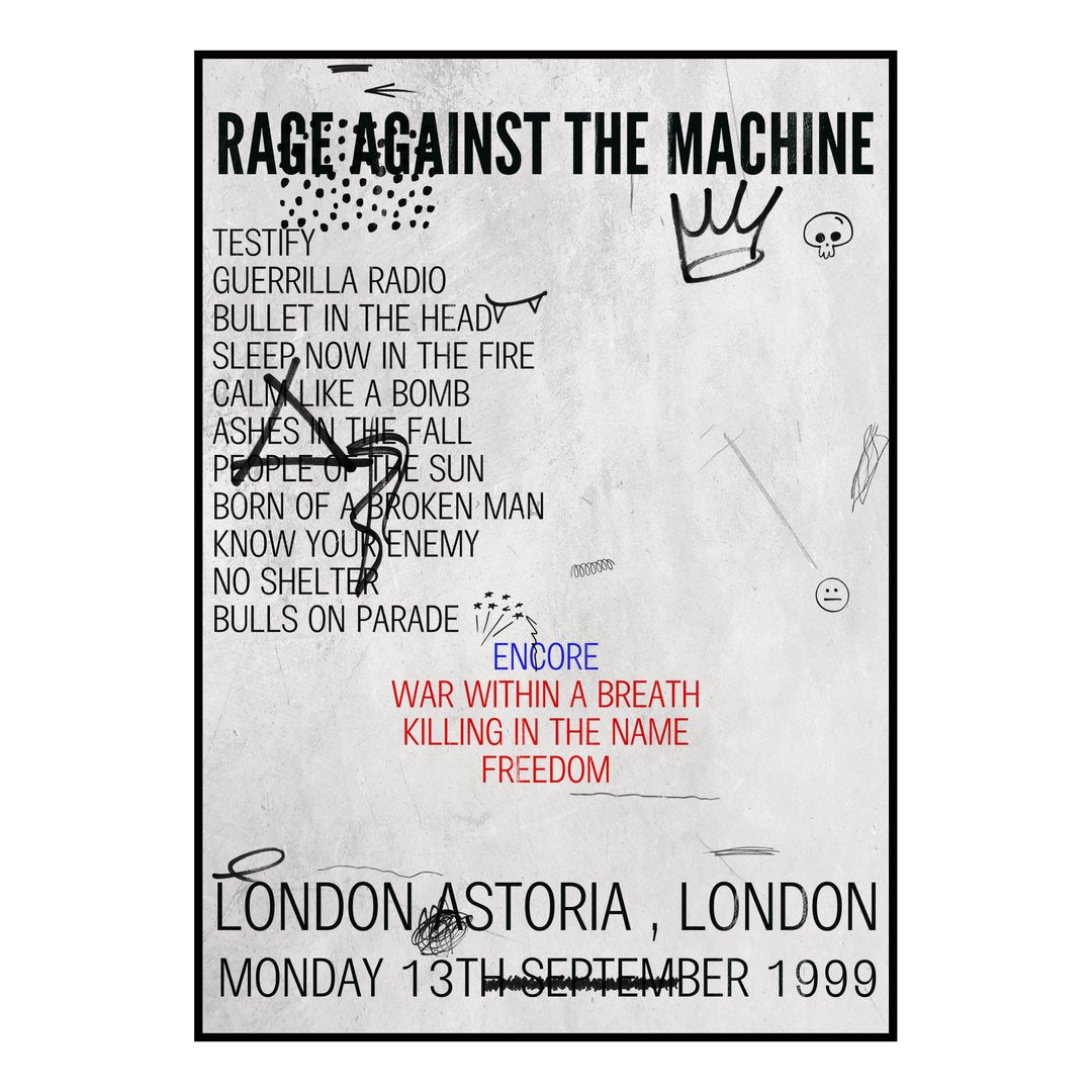 Rage Against the Machine London 13th September 1999 Setlist poster