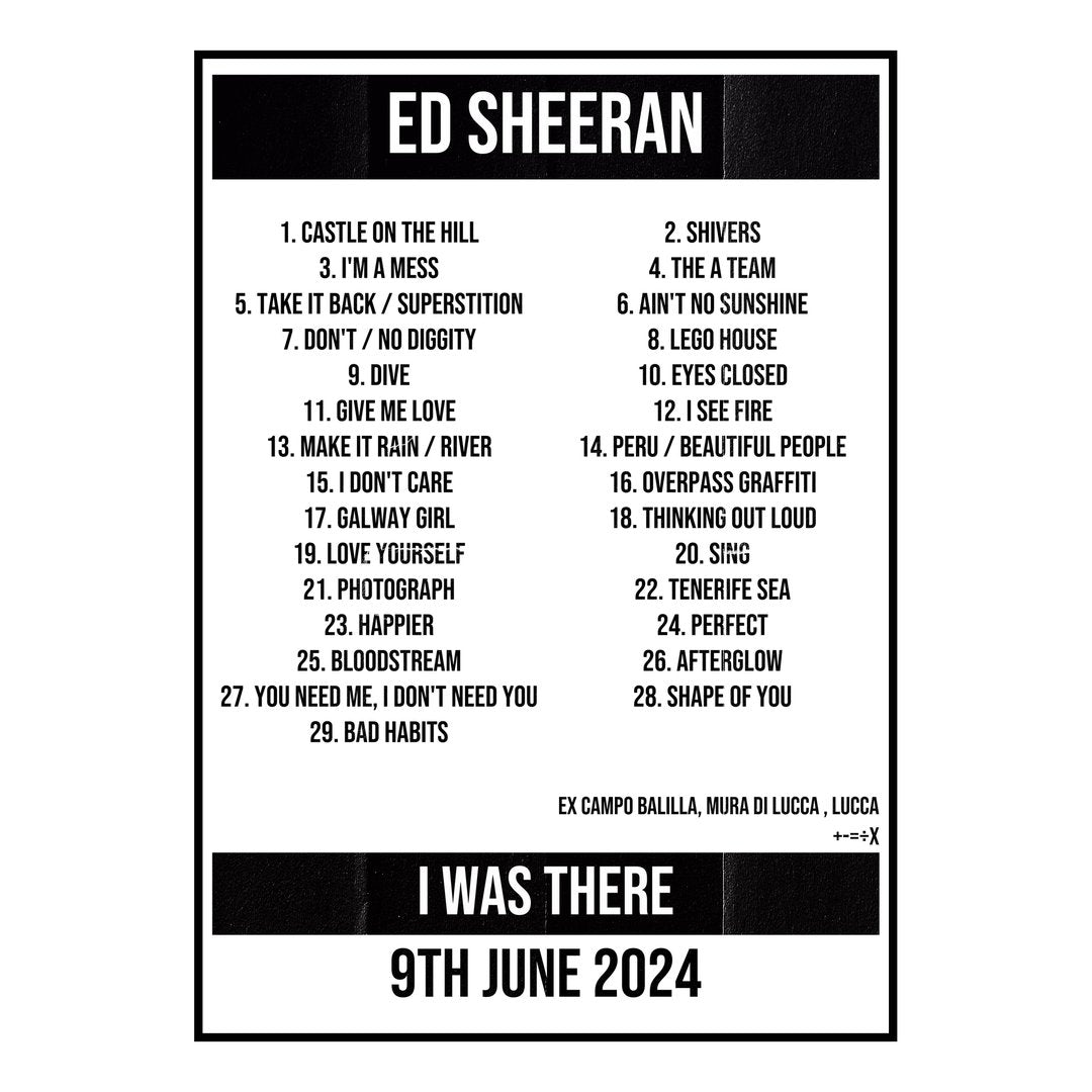 Ed Sheeran Lucca 9th June 2024 Setlist poster