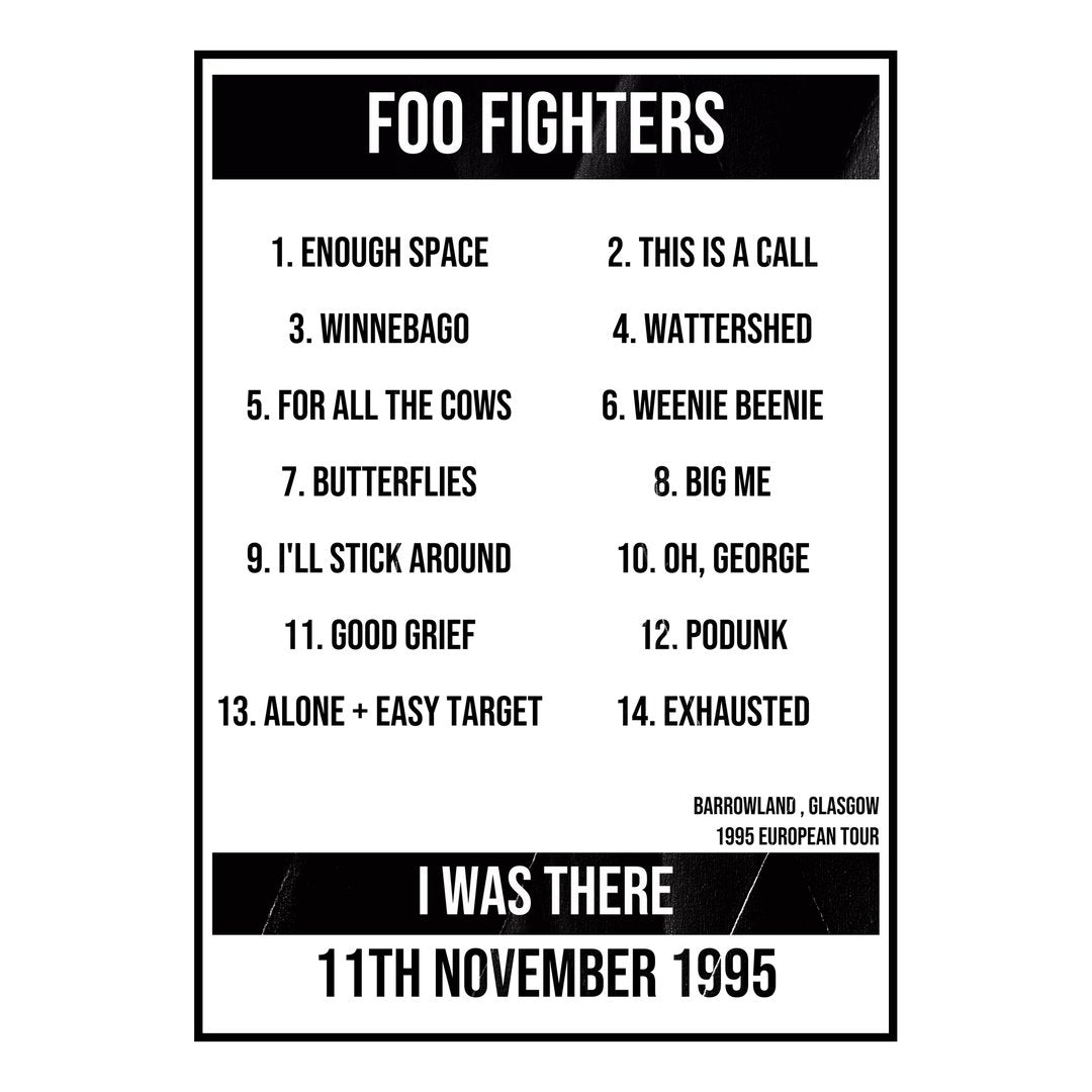 Foo Fighters Glasgow 11th November 1995 Setlist poster