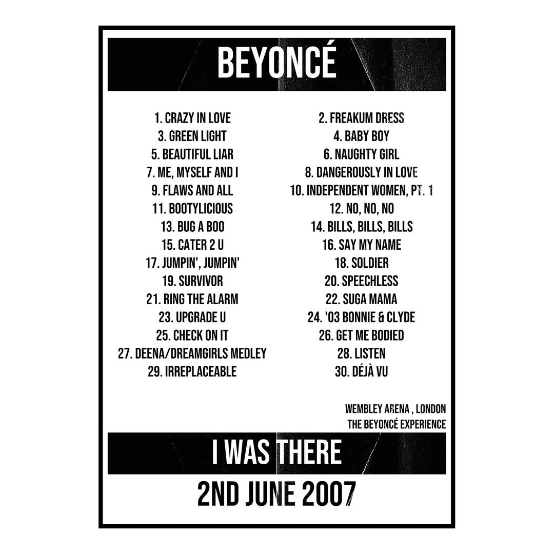 Beyoncé London 2nd June 2007 Setlist poster