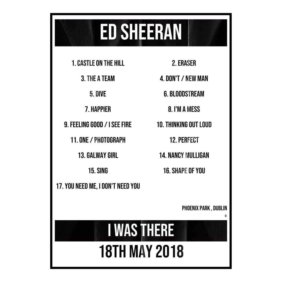 Ed Sheeran Dublin 18th May 2018 Setlist poster