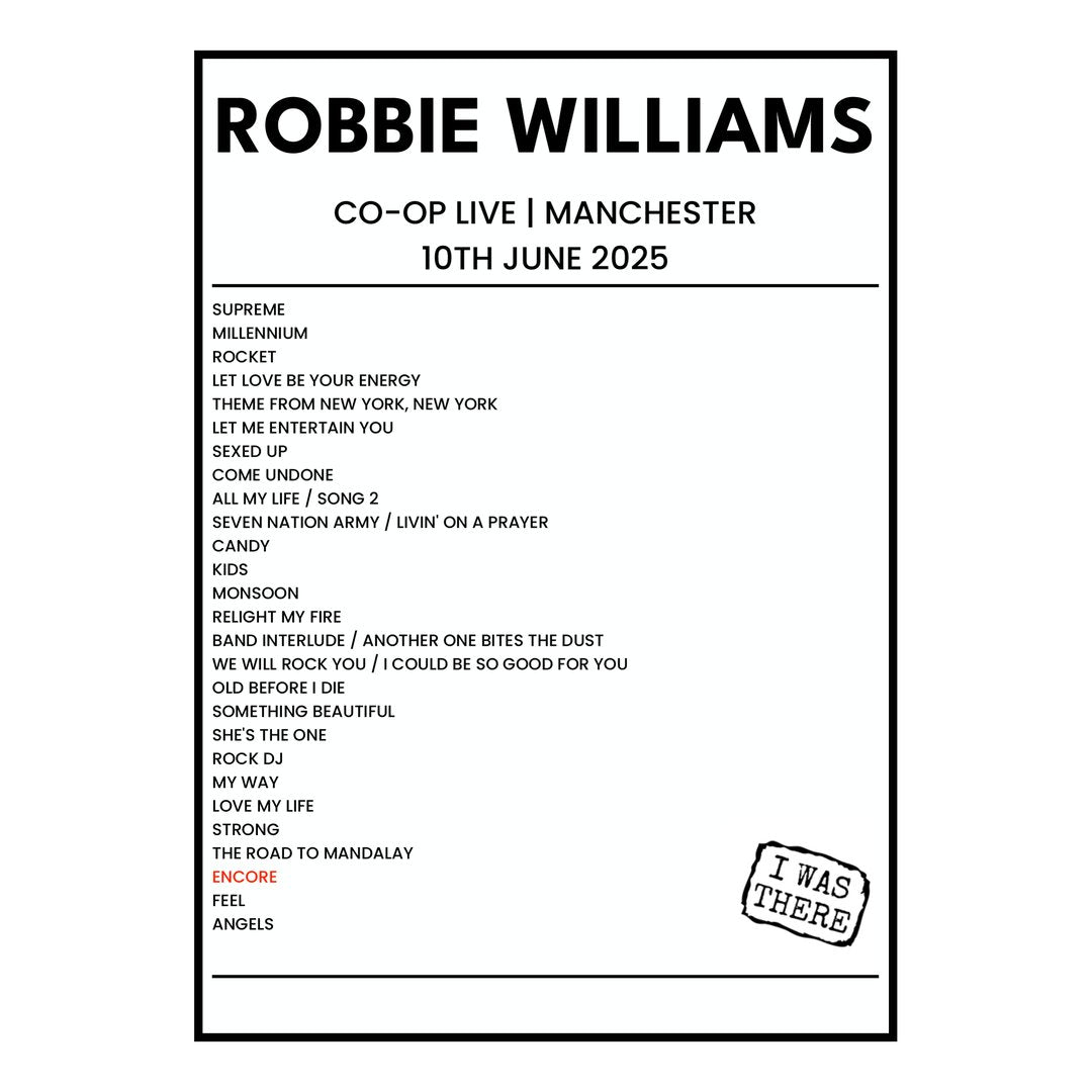 Robbie Williams Manchester 10th June 2025 Setlist poster